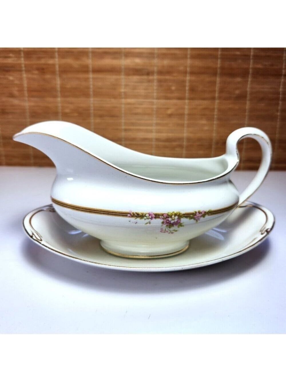 Vintage Johnson Bros England Gravy Boat Attached Underplate Gold Floral Pink